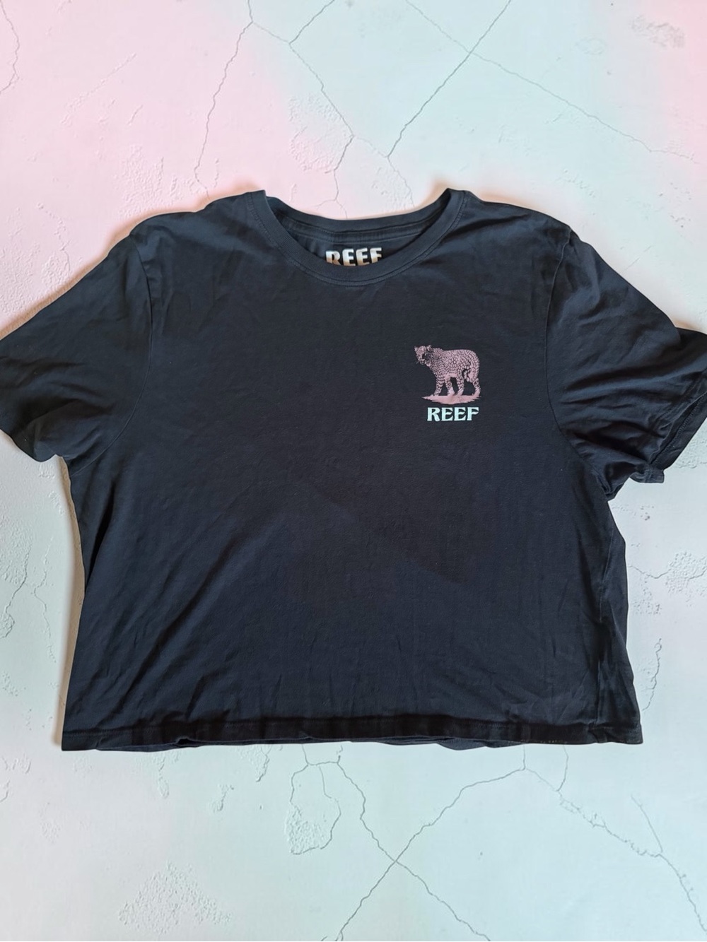 Reef Black Crop Top with Pink and White Graphic